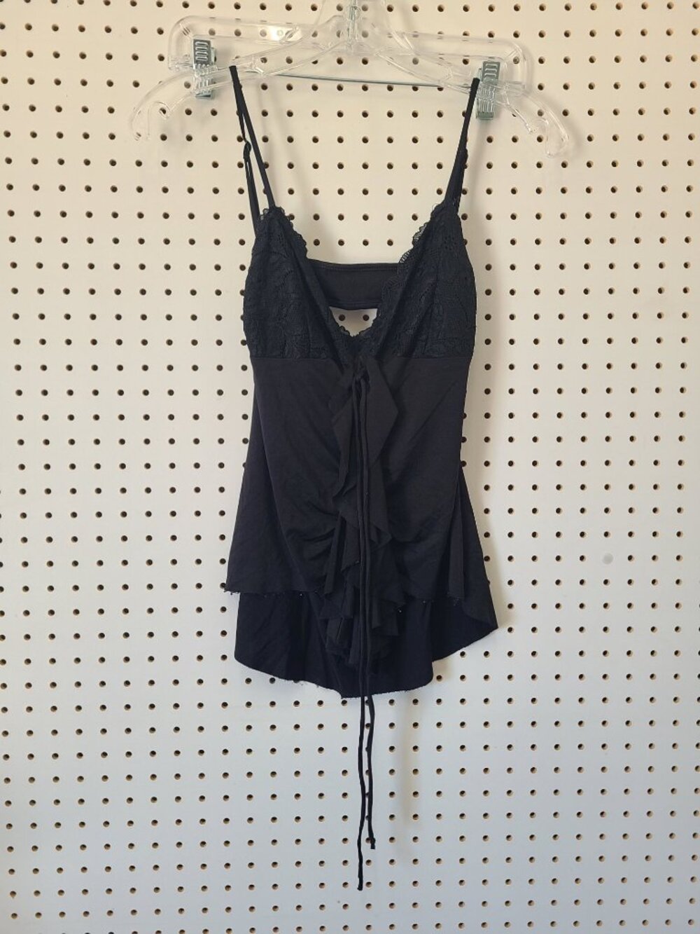 Marciano Black Sleeveless Lace-Trimmed Camisole Top With Ruffle Details Adjustab